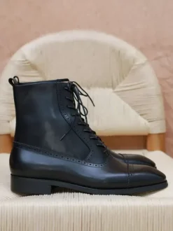 Men's Martin Boots Black Cowhide Square Toe Short Ankle Work Boots