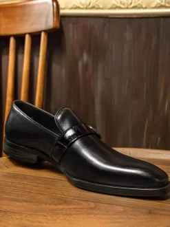 Men's Monk Loafer Black Shoes Buckle Cowhide Classic Loafers