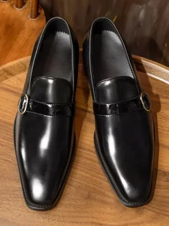Men's Monk Loafer Black Shoes Buckle Cowhide Classic Loafers