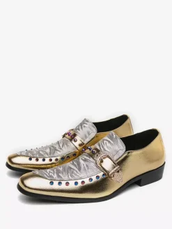 Mens Monk Loafer Leather And Suede Patchwork Penny Shoes Round Toe Low Heels Party Shoes
