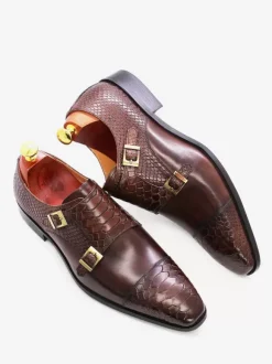 Men's Monk Loafer Shoes Buckle Square Toe Cowhide Monk Strap Moccasion Oxford Shoes
