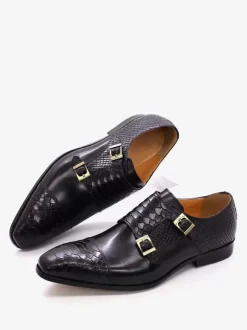 Men's Monk Loafer Shoes Buckle Square Toe Cowhide Monk Strap Moccasion Oxford Shoes