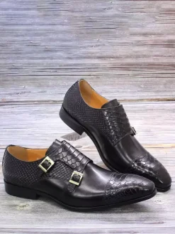Men's Monk Loafer Shoes Buckle Square Toe Cowhide Monk Strap Moccasion Oxford Shoes
