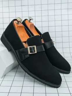 Mens Monk Loafer Shoes Pointed Toe Slip-on Suede Buckle Strap Penny Shoes