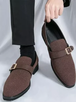 Mens Monk Loafer Shoes Pointed Toe Slip-on Suede Buckle Strap Penny Shoes
