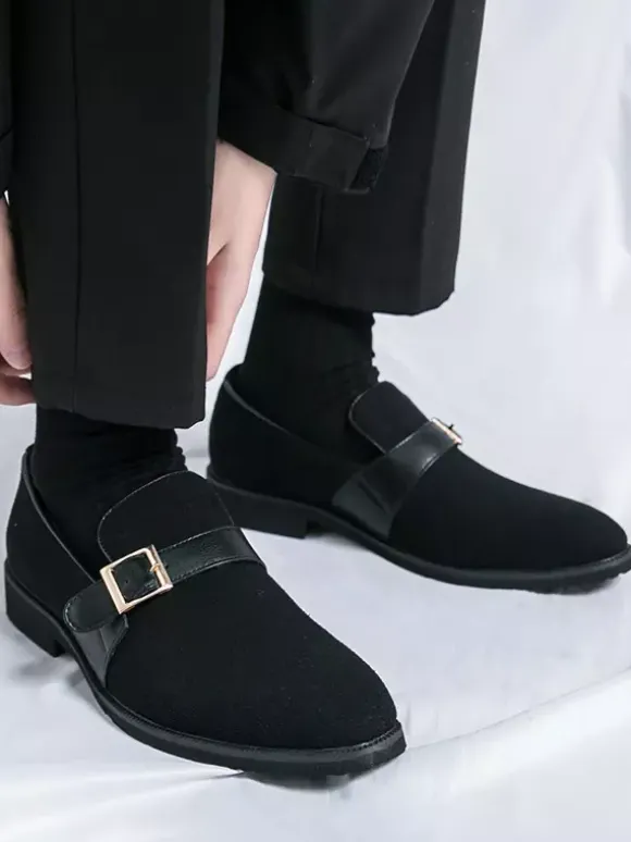 Mens Monk Loafer Shoes Pointed Toe Slip-on Suede Buckle Strap Penny Shoes