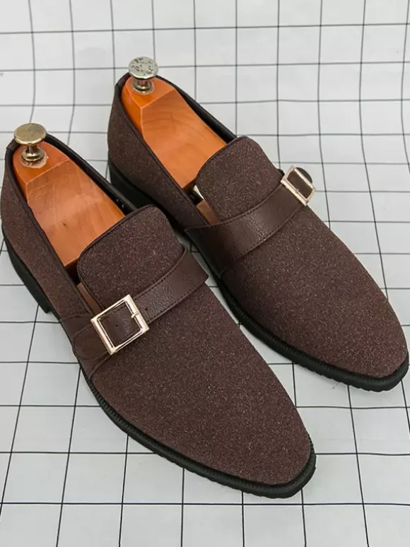 Mens Monk Loafer Shoes Pointed Toe Slip-on Suede Buckle Strap Penny Shoes