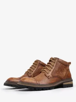 Men's Motorcycle Martin Work Coffee Brown Cowhide Round Toe Combat Boots