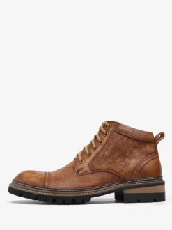 Men's Motorcycle Martin Work Coffee Brown Cowhide Round Toe Combat Boots