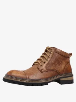 Men's Motorcycle Martin Work Coffee Brown Cowhide Round Toe Combat Boots