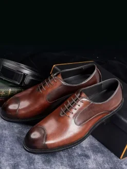 Mens Oxfords Dress Shoes Pointed-Toe Business Casual Genuine Leather Lace-Up Cap Toe Shoes