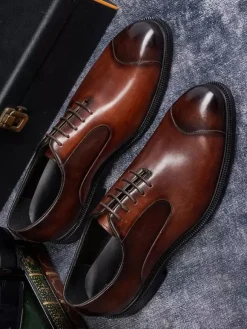 Mens Oxfords Dress Shoes Pointed-Toe Business Casual Genuine Leather Lace-Up Cap Toe Shoes
