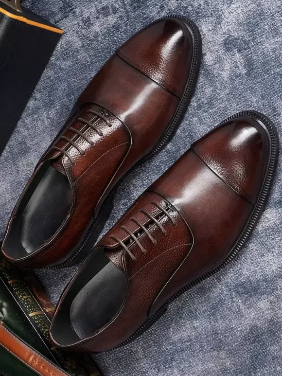 Mens Oxfords Round Toe Dress Shoes Genuine Leather Business Formal Cap Toe Shoes