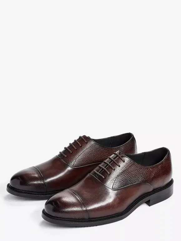 Mens Oxfords Round Toe Dress Shoes Genuine Leather Business Formal Cap Toe Shoes