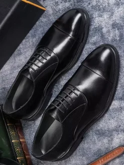Mens Oxfords Round Toe Dress Shoes Genuine Leather Business Formal Cap Toe Shoes