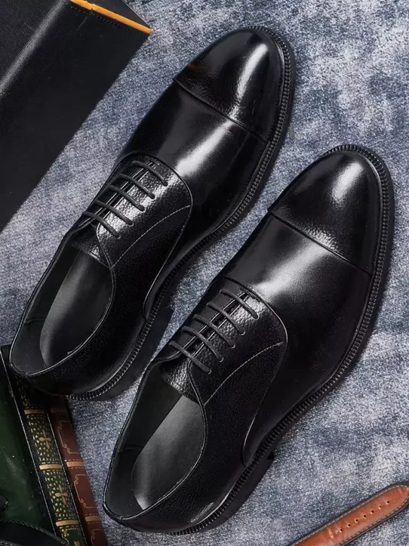 Mens Oxfords Round Toe Dress Shoes Genuine Leather Business Formal Cap Toe Shoes