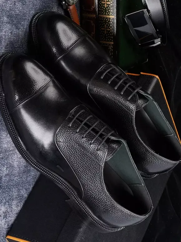 Mens Oxfords Round Toe Dress Shoes Genuine Leather Business Formal Cap Toe Shoes