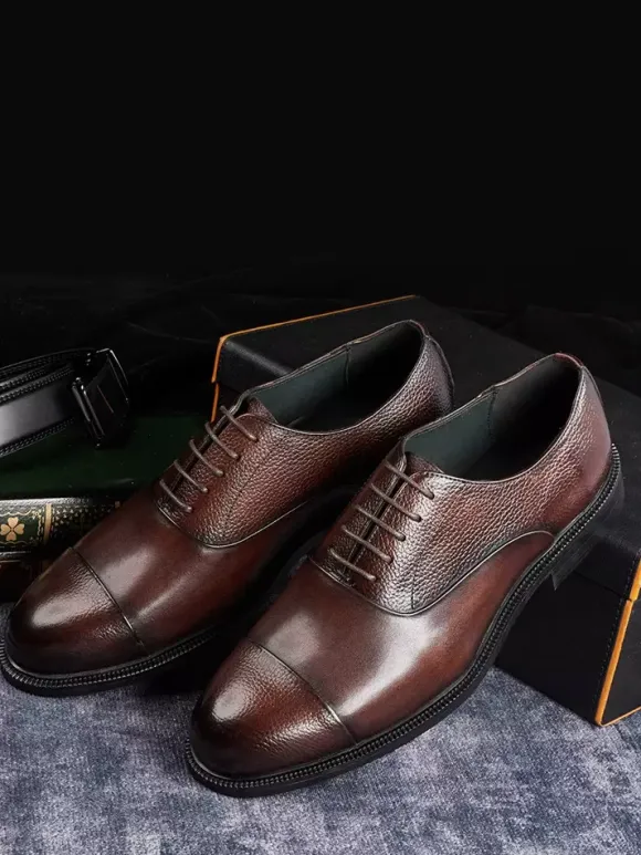 Mens Oxfords Round Toe Dress Shoes Genuine Leather Business Formal Cap Toe Shoes