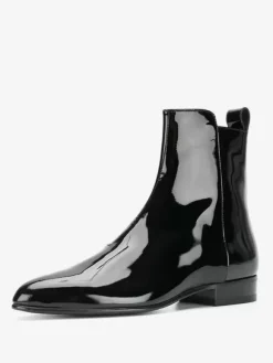 Mens patent Boots Pointed Toe low heels Ankle Boots Black Zipper Prom Boots