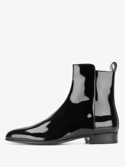 Mens patent Boots Pointed Toe low heels Ankle Boots Black Zipper Prom Boots