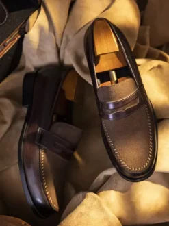 Mens Penny Loafer Round Toe Leather Shoes