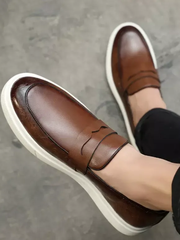 Mens Penny Loafers Leather Platform Round Toe Slip On Penny Shoes For Party Wedding