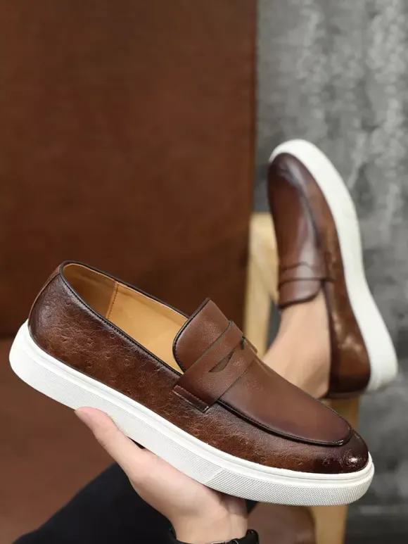 Mens Penny Loafers Leather Platform Round Toe Slip On Penny Shoes For Party Wedding