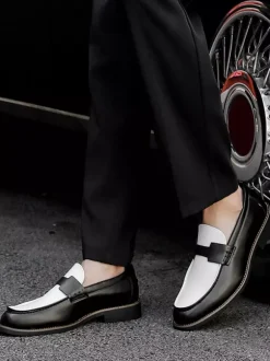 Men's Penny Loafers Round Toe Patchwork Slip On Shoes