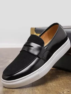 Mens Penny Loafers Slip-on Round Toe Thick Sole Moccasins Suede Splice Leather Penny Shoes
