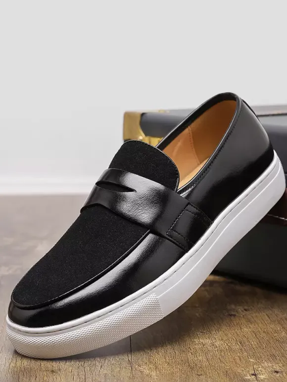 Mens Penny Loafers Slip-on Round Toe Thick Sole Moccasins Suede Splice Leather Penny Shoes