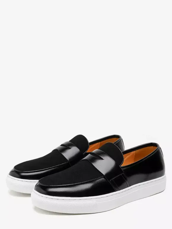 Mens Penny Loafers Slip-on Round Toe Thick Sole Moccasins Suede Splice Leather Penny Shoes