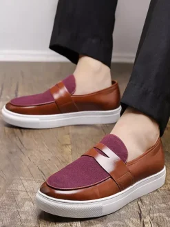 Mens Penny Loafers Slip-on Round Toe Thick Sole Moccasins Suede Splice Leather Penny Shoes
