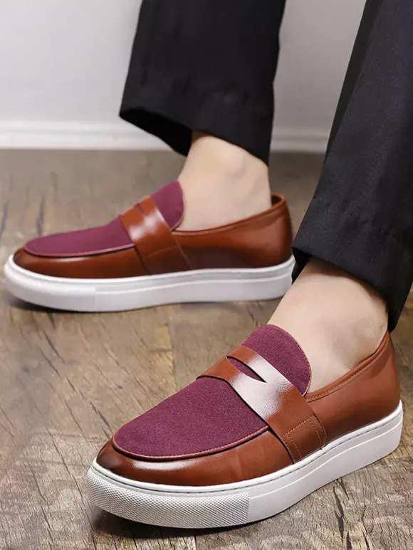 Mens Penny Loafers Slip-on Round Toe Thick Sole Moccasins Suede Splice Leather Penny Shoes