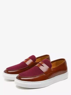 Mens Penny Loafers Slip-on Round Toe Thick Sole Moccasins Suede Splice Leather Penny Shoes