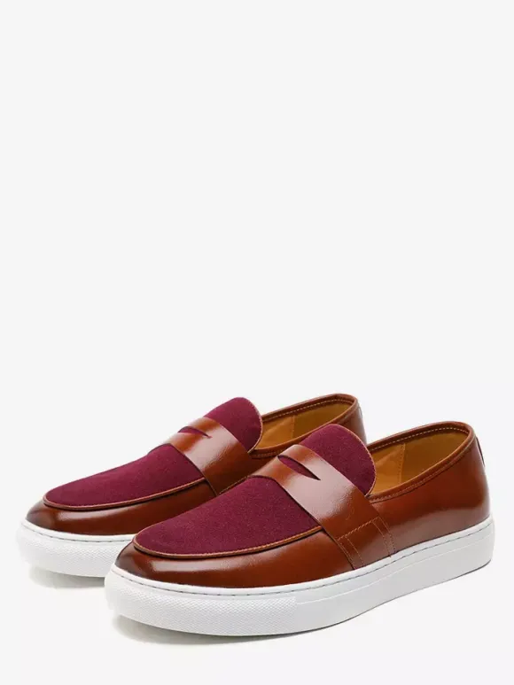 Mens Penny Loafers Slip-on Round Toe Thick Sole Moccasins Suede Splice Leather Penny Shoes