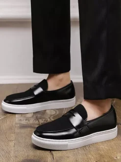 Mens Penny Loafers Slip-on Round Toe Thick Sole Moccasins Suede Splice Leather Penny Shoes