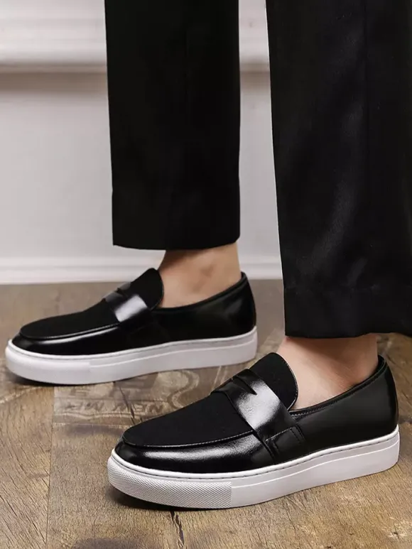 Mens Penny Loafers Slip-on Round Toe Thick Sole Moccasins Suede Splice Leather Penny Shoes