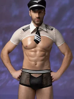 Men's Pilot Costume Lingerie Set Fishnet Crop Top Tie Shorts With Hat Halloween Outfit Night Club Wear