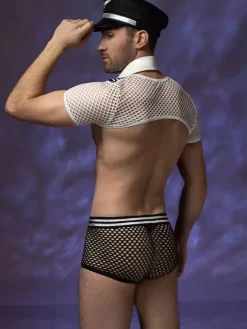 Men's Pilot Costume Lingerie Set Fishnet Crop Top Tie Shorts With Hat Halloween Outfit Night Club Wear