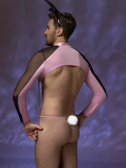 Men's Pink Bunny Costume Bodysuit Wetlook Mesh With Ears Tail Bow Tie Halloween Outfit Night Club Wear