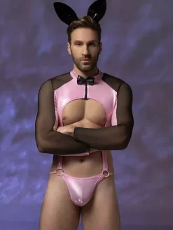 Men's Pink Bunny Costume Bodysuit Wetlook Mesh With Ears Tail Bow Tie Halloween Outfit Night Club Wear