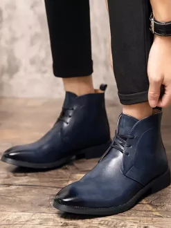 Mens Pointed-Toe Desert Boots Low Heel Leather Lace-Up Ankle Boots