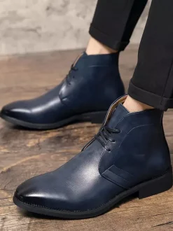 Mens Pointed-Toe Desert Boots Low Heel Leather Lace-Up Ankle Boots