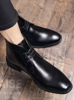Mens Pointed-Toe Desert Boots Low Heel Leather Lace-Up Ankle Boots