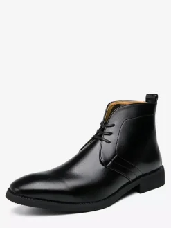 Mens Pointed-Toe Desert Boots Low Heel Leather Lace-Up Ankle Boots