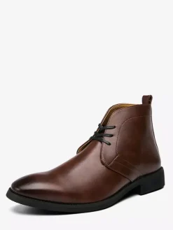 Mens Pointed-Toe Desert Boots Low Heel Leather Lace-Up Ankle Boots