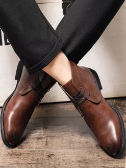 Mens Pointed-Toe Desert Boots Low Heel Leather Lace-Up Ankle Boots