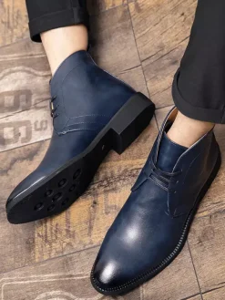 Mens Pointed-Toe Desert Boots Low Heel Leather Lace-Up Ankle Boots