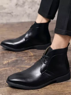 Mens Pointed-Toe Desert Boots Low Heel Leather Lace-Up Ankle Boots