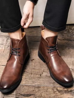 Mens Pointed-Toe Desert Boots Low Heel Leather Lace-Up Ankle Boots